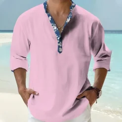 Outlet OUKU Men's Shirt Popover Shirt Summer Shirt Casual Shirt Beach Shirt Black White Pink Orange Green Long Sleeve Floral Print Solid / Plain Color Band Collar Henley Vacation Hawaiian Buckle Clothing Apparel