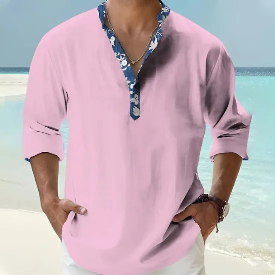 Outlet OUKU Men's Shirt Popover Shirt Summer Shirt Casual Shirt Beach Shirt Black White Pink Orange Green Long Sleeve Floral Print Solid / Plain Color Band Collar Henley Vacation Hawaiian Buckle Clothing Apparel