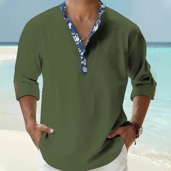 Outlet OUKU Men's Shirt Popover Shirt Summer Shirt Casual Shirt Beach Shirt Black White Pink Orange Green Long Sleeve Floral Print Solid / Plain Color Band Collar Henley Vacation Hawaiian Buckle Clothing Apparel