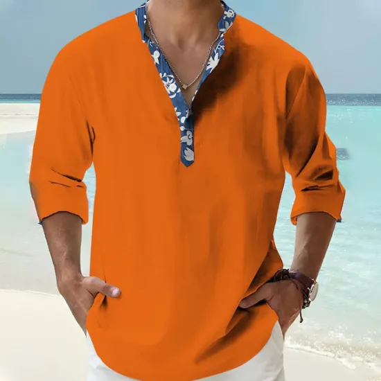Outlet OUKU Men's Shirt Popover Shirt Summer Shirt Casual Shirt Beach Shirt Black White Pink Orange Green Long Sleeve Floral Print Solid / Plain Color Band Collar Henley Vacation Hawaiian Buckle Clothing Apparel
