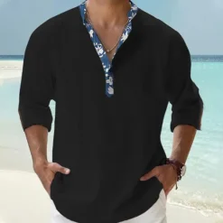 Outlet OUKU Men's Shirt Popover Shirt Summer Shirt Casual Shirt Beach Shirt Black White Pink Orange Green Long Sleeve Floral Print Solid / Plain Color Band Collar Henley Vacation Hawaiian Buckle Clothing Apparel