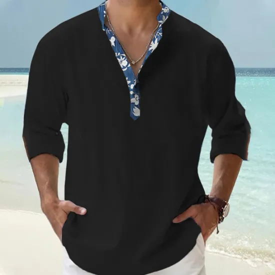Outlet OUKU Men's Shirt Popover Shirt Summer Shirt Casual Shirt Beach Shirt Black White Pink Orange Green Long Sleeve Floral Print Solid / Plain Color Band Collar Henley Vacation Hawaiian Buckle Clothing Apparel