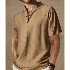 Hot OUKU Men's Shirt Popover Shirt Summer Shirt Casual Shirt Beach Shirt Black Brown Short Sleeve Plain Band Collar Vacation Hawaiian Clothing Apparel Polyester Fashion Casual Comfortable