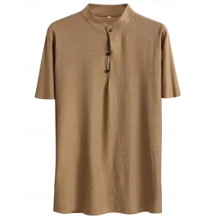 Hot OUKU Men's Shirt Popover Shirt Summer Shirt Casual Shirt Beach Shirt Black Brown Short Sleeve Plain Band Collar Vacation Hawaiian Clothing Apparel Polyester Fashion Casual Comfortable