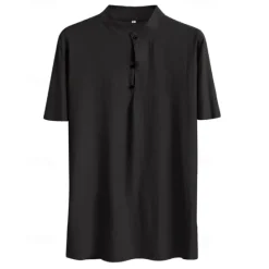 Hot OUKU Men's Shirt Popover Shirt Summer Shirt Casual Shirt Beach Shirt Black Brown Short Sleeve Plain Band Collar Vacation Hawaiian Clothing Apparel Polyester Fashion Casual Comfortable