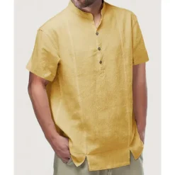 Hot OUKU Men's Shirt Popover Shirt Summer Shirt Casual Shirt Beach Shirt Black White Yellow Short Sleeve Plain Band Collar Vacation Hawaiian Buttons Clothing Apparel Polyester Fashion Casual Comfortable