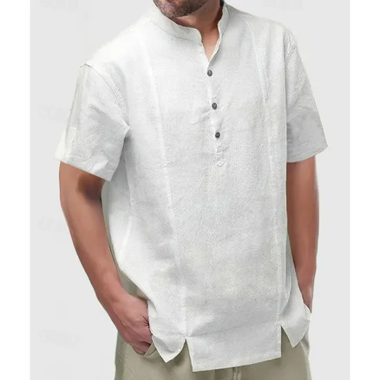 Hot OUKU Men's Shirt Popover Shirt Summer Shirt Casual Shirt Beach Shirt Black White Yellow Short Sleeve Plain Band Collar Vacation Hawaiian Buttons Clothing Apparel Polyester Fashion Casual Comfortable