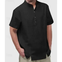 Hot OUKU Men's Shirt Popover Shirt Summer Shirt Casual Shirt Beach Shirt Black White Yellow Short Sleeve Plain Band Collar Vacation Hawaiian Buttons Clothing Apparel Polyester Fashion Casual Comfortable