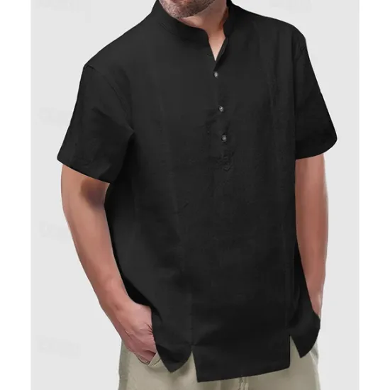 Hot OUKU Men's Shirt Popover Shirt Summer Shirt Casual Shirt Beach Shirt Black White Yellow Short Sleeve Plain Band Collar Vacation Hawaiian Buttons Clothing Apparel Polyester Fashion Casual Comfortable