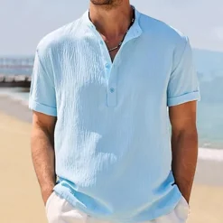 Outlet OUKU Men's Shirt Popover Shirt Summer Shirt Casual Shirt Beach Shirt Black White Navy Blue khaki Light Grey Short Sleeve Plain Band Collar Vacation Hawaiian Clothing Apparel Polyester Fashion Casual