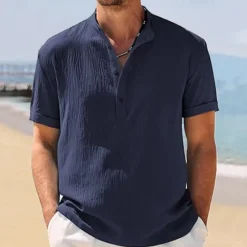 Outlet OUKU Men's Shirt Popover Shirt Summer Shirt Casual Shirt Beach Shirt Black White Navy Blue khaki Light Grey Short Sleeve Plain Band Collar Vacation Hawaiian Clothing Apparel Polyester Fashion Casual