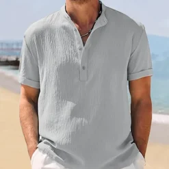 Outlet OUKU Men's Shirt Popover Shirt Summer Shirt Casual Shirt Beach Shirt Black White Navy Blue khaki Light Grey Short Sleeve Plain Band Collar Vacation Hawaiian Clothing Apparel Polyester Fashion Casual
