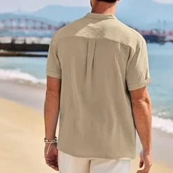 Outlet OUKU Men's Shirt Popover Shirt Summer Shirt Casual Shirt Beach Shirt Black White Navy Blue khaki Light Grey Short Sleeve Plain Band Collar Vacation Hawaiian Clothing Apparel Polyester Fashion Casual