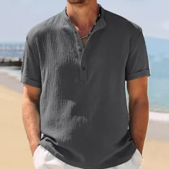 Outlet OUKU Men's Shirt Popover Shirt Summer Shirt Casual Shirt Beach Shirt Black White Navy Blue khaki Light Grey Short Sleeve Plain Band Collar Vacation Hawaiian Clothing Apparel Polyester Fashion Casual