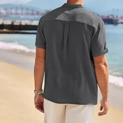 Outlet OUKU Men's Shirt Popover Shirt Summer Shirt Casual Shirt Beach Shirt Black White Navy Blue khaki Light Grey Short Sleeve Plain Band Collar Vacation Hawaiian Clothing Apparel Polyester Fashion Casual