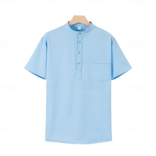OUKU Men's Shirt Popover Shirt Summer Shirt Casual Shirt Button Up Shirt Black White Blue Green khaki Short Sleeve Classic Solid / Plain Color Band Collar Henley Vacation Hawaiian Buckle Clothing Apparel