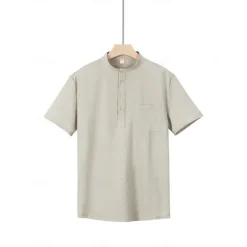 OUKU Men's Shirt Popover Shirt Summer Shirt Casual Shirt Button Up Shirt Black White Blue Green khaki Short Sleeve Classic Solid / Plain Color Band Collar Henley Vacation Hawaiian Buckle Clothing Apparel