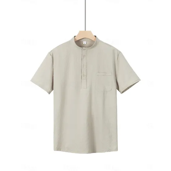 OUKU Men's Shirt Popover Shirt Summer Shirt Casual Shirt Button Up Shirt Black White Blue Green khaki Short Sleeve Classic Solid / Plain Color Band Collar Henley Vacation Hawaiian Buckle Clothing Apparel