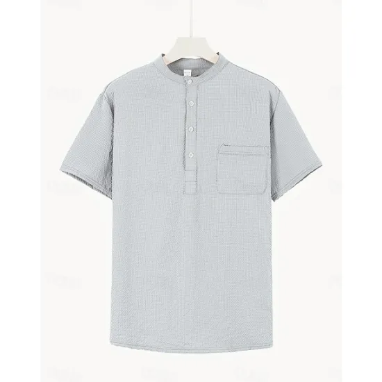 OUKU Men's Shirt Popover Shirt Summer Shirt Casual Shirt Button Up Shirt Black White Blue Green khaki Short Sleeve Classic Solid / Plain Color Band Collar Henley Vacation Hawaiian Buckle Clothing Apparel