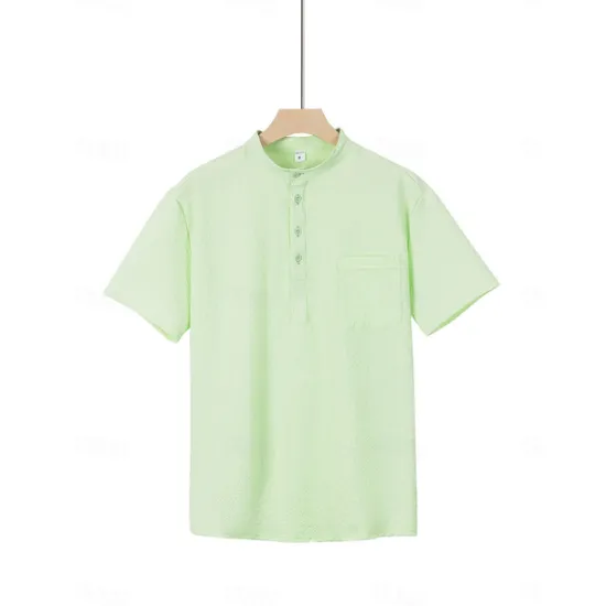 OUKU Men's Shirt Popover Shirt Summer Shirt Casual Shirt Button Up Shirt Black White Blue Green khaki Short Sleeve Classic Solid / Plain Color Band Collar Henley Vacation Hawaiian Buckle Clothing Apparel