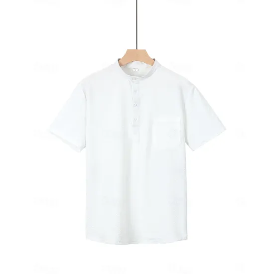 OUKU Men's Shirt Popover Shirt Summer Shirt Casual Shirt Button Up Shirt Black White Blue Green khaki Short Sleeve Classic Solid / Plain Color Band Collar Henley Vacation Hawaiian Buckle Clothing Apparel