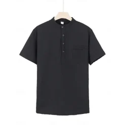 OUKU Men's Shirt Popover Shirt Summer Shirt Casual Shirt Button Up Shirt Black White Blue Green khaki Short Sleeve Classic Solid / Plain Color Band Collar Henley Vacation Hawaiian Buckle Clothing Apparel