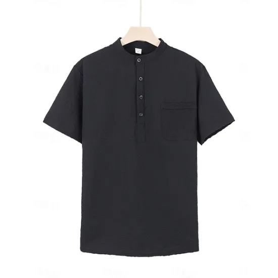 OUKU Men's Shirt Popover Shirt Summer Shirt Casual Shirt Button Up Shirt Black White Blue Green khaki Short Sleeve Classic Solid / Plain Color Band Collar Henley Vacation Hawaiian Buckle Clothing Apparel