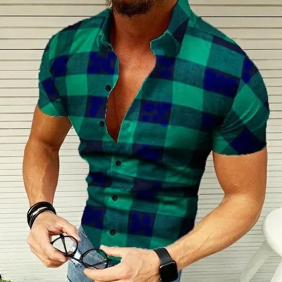 Sale OUKU Men's Shirt Popover Shirt Summer Shirt Button Up Shirt Plaid Shirt Wine Black Yellow Red Green Short Sleeve Graphic Plaid / Check Lattice Turndown Hot Stamping Street Casual Print Clothing Apparel
