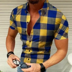 Sale OUKU Men's Shirt Popover Shirt Summer Shirt Button Up Shirt Plaid Shirt Wine Black Yellow Red Green Short Sleeve Graphic Plaid / Check Lattice Turndown Hot Stamping Street Casual Print Clothing Apparel
