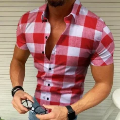Sale OUKU Men's Shirt Popover Shirt Summer Shirt Button Up Shirt Plaid Shirt Wine Black Yellow Red Green Short Sleeve Graphic Plaid / Check Lattice Turndown Hot Stamping Street Casual Print Clothing Apparel