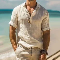 Sale OUKU Men's Shirt Popover Shirt Casual Shirt Cotton Shirt Plain Vacation Hawaiian Long Sleeve Lapel Summer Spring Clothing Apparel Khaki