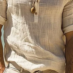 Sale OUKU Men's Shirt Popover Shirt Casual Shirt Cotton Shirt Plain Vacation Hawaiian Long Sleeve Lapel Summer Spring Clothing Apparel Khaki