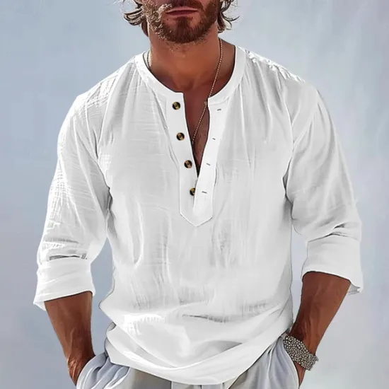 Outlet OUKU Men's Shirt Popover Shirt Summer Shirt Beach Wear Plain Vacation Casual Black White Sky Blue Apricot Long Sleeve Band Collar Spring & Summer Clothing Apparel