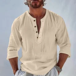 Outlet OUKU Men's Shirt Popover Shirt Summer Shirt Beach Wear Plain Vacation Casual Black White Sky Blue Apricot Long Sleeve Band Collar Spring & Summer Clothing Apparel