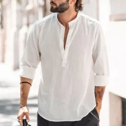 OUKU Men's Shirt Popover Shirt Summer Shirt Casual Shirt Beach Shirt Black White Light Green Light Blue Long Sleeve Plain Band Collar Vacation Hawaiian Button-Down Clothing Apparel Cotton Cotton Blend