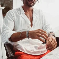 OUKU Men's Shirt Popover Shirt Summer Shirt Casual Shirt Beach Shirt Black White Light Green Light Blue Long Sleeve Plain Band Collar Vacation Hawaiian Button-Down Clothing Apparel Cotton Cotton Blend