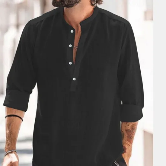 OUKU Men's Shirt Popover Shirt Summer Shirt Casual Shirt Beach Shirt Black White Light Green Light Blue Long Sleeve Plain Band Collar Vacation Hawaiian Button-Down Clothing Apparel Cotton Cotton Blend