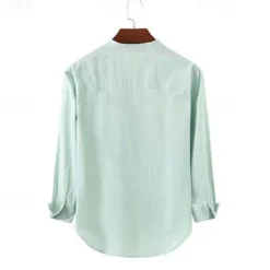 OUKU Men's Shirt Popover Shirt Summer Shirt Casual Shirt Beach Shirt Black White Light Green Light Blue Long Sleeve Plain Band Collar Vacation Hawaiian Button-Down Clothing Apparel Cotton Cotton Blend
