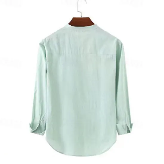 OUKU Men's Shirt Popover Shirt Summer Shirt Casual Shirt Beach Shirt Black White Light Green Light Blue Long Sleeve Plain Band Collar Vacation Hawaiian Button-Down Clothing Apparel Cotton Cotton Blend