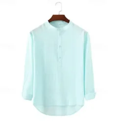 OUKU Men's Shirt Popover Shirt Summer Shirt Casual Shirt Beach Shirt Black White Light Green Light Blue Long Sleeve Plain Band Collar Vacation Hawaiian Button-Down Clothing Apparel Cotton Cotton Blend