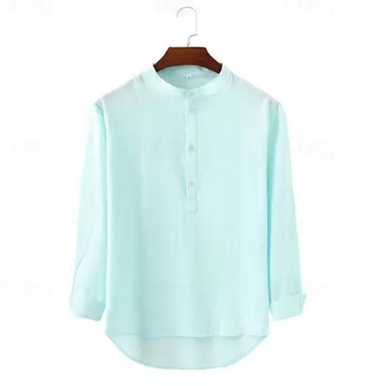 OUKU Men's Shirt Popover Shirt Summer Shirt Casual Shirt Beach Shirt Black White Light Green Light Blue Long Sleeve Plain Band Collar Vacation Hawaiian Button-Down Clothing Apparel Cotton Cotton Blend