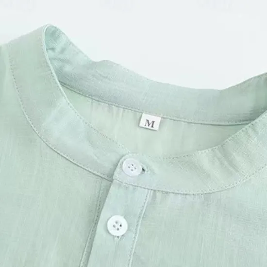 OUKU Men's Shirt Popover Shirt Summer Shirt Casual Shirt Beach Shirt Black White Light Green Light Blue Long Sleeve Plain Band Collar Vacation Hawaiian Button-Down Clothing Apparel Cotton Cotton Blend