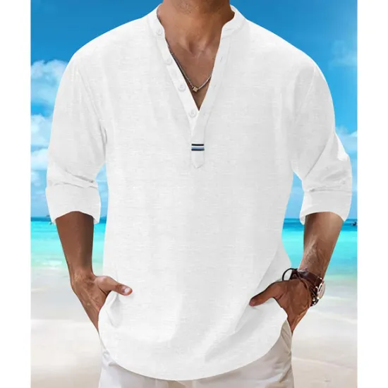 Best OUKU Men's Shirt Popover Shirt Summer Shirt Casual Shirt Beach Shirt Black White Pink Navy Blue Sky Blue Long Sleeve Plain Lapel Vacation Hawaiian Clothing Apparel Cotton Blend Fashion Casual Comfortable