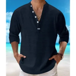 Best OUKU Men's Shirt Popover Shirt Summer Shirt Casual Shirt Beach Shirt Black White Pink Navy Blue Sky Blue Long Sleeve Plain Lapel Vacation Hawaiian Clothing Apparel Cotton Blend Fashion Casual Comfortable