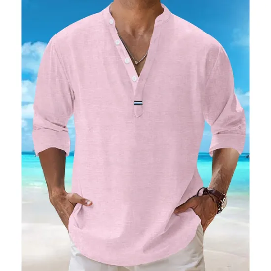 Best OUKU Men's Shirt Popover Shirt Summer Shirt Casual Shirt Beach Shirt Black White Pink Navy Blue Sky Blue Long Sleeve Plain Lapel Vacation Hawaiian Clothing Apparel Cotton Blend Fashion Casual Comfortable