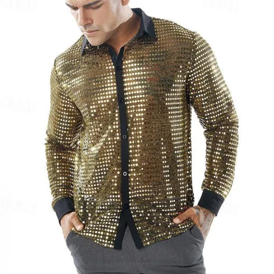 Discount OUKU Men's Shirt Prom Shirt Disco Shirt Silver Black Gold Long Sleeve Sequin Collar Performance Party Evening Wear Sequins Clothing Apparel Fashion Casual