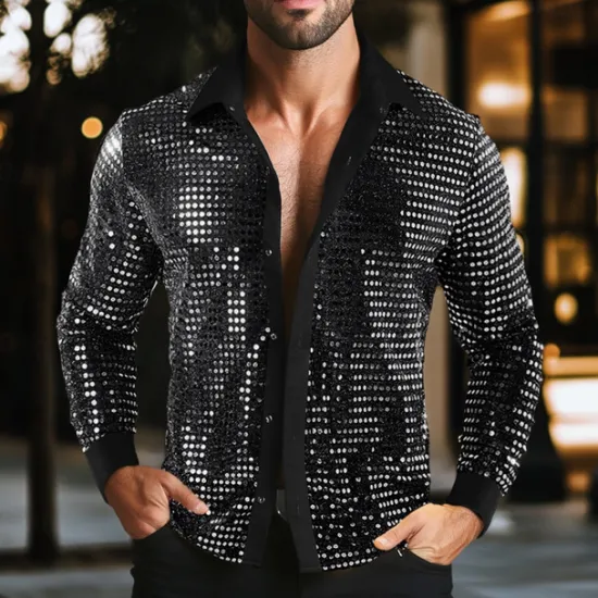 Discount OUKU Men's Shirt Prom Shirt Disco Shirt Silver Black Gold Long Sleeve Sequin Collar Performance Party Evening Wear Sequins Clothing Apparel Fashion Casual