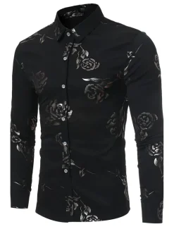 Best OUKU Men's Shirt Prom Shirt Floral Party Valentine's Day Long Sleeve Classic Collar Clothing Apparel Print Black