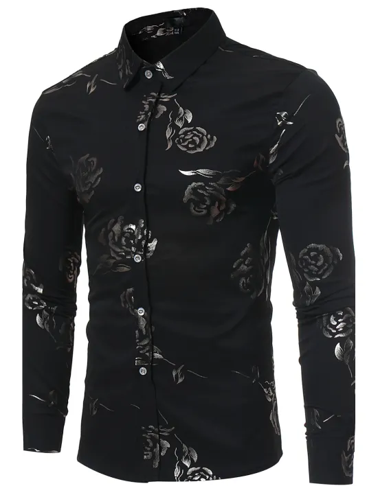 Best OUKU Men's Shirt Prom Shirt Floral Party Valentine's Day Long Sleeve Classic Collar Clothing Apparel Print Black