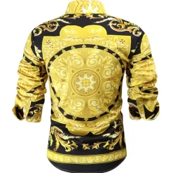 Hot OUKU Men's Shirt Prom Shirt Geometric Holiday Beach Yellow Orange Gold Long Sleeve Classic Collar Spring & Fall Clothing Apparel Print